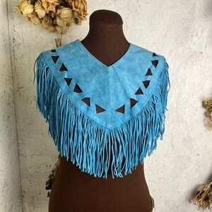 Vintage Pioneer Wear Western Leather Fringe Teal Shoulder Shawl